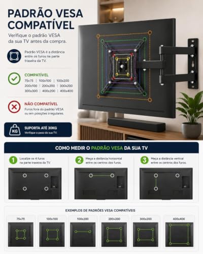 Suporte Articulado para TV 32 a 55 Pol Universal Ajustável até 30kg | Ajuste livre, Metálico, Padrão Vesa, Suporte articulado, Parede TV, 32 a 55 polegadas, Até 30kg
