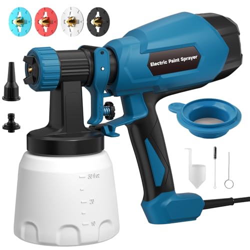 WIBENTL Paint Sprayer, Electric Spray Paint Gun, 3 Modes & 4 Brass Nozzles, with Cleaning & Blowing Joints, Variable Flow Control, for Doors, Fences, Walls, Cabinets, Garden Chairs, Furniture, Blue