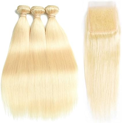 ALLRUN 613 Blonde Virgin Hair Bundles 3 Bundles with 4x4 Lace Closure Free Part 7A Honey Blonde Brazilian Hair Straight 100% 613 Human Remy Hair Extensions (14 16 18 and 14)