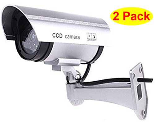 HOSL 2 Pack Outdoor Fake , Dummy Security Camera with Blinking Light (Silver) - Thumbnail 4