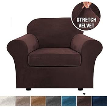 H.VERSAILTEX Rich Velvet Stretch 2 Piece Chair Cover Chair Slipcover Sofa Cover Furniture Protector Couch Soft with Elastic Bottom Chair Couch Cover with Arms, Machine Washable(Chair,Brown)