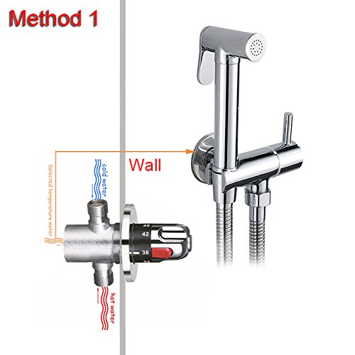 Fannybuy Thermostatic Cloth Diaper Kit Toilet Handheld Bidet Sprayer Set With Hot and Cold Mixing Valve Shattaf Chrome Scald Prevention(Thermostatic)