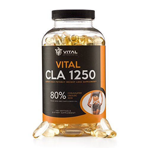 Vital CLA 1250 Super High Potency Supplement: Non GMO Safflower Oil, Gluten Free Natural Daily Conjugated Linoleic Acid for Weight Loss, Muscle Mass and Exercise Performance - 180 Essential Softgels