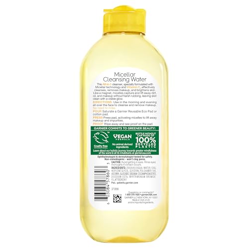 GARNIER MICELLAR WATER WITH VITAMIN C, FACIAL CLEANSER & MAKEUP REMOVER, BRIGHTENING & HYDRATING, FOR ALL SKIN TYPES, VEGAN, CRUELTY FREE, 13.5 FL OZ (400ML), 1 COUNT