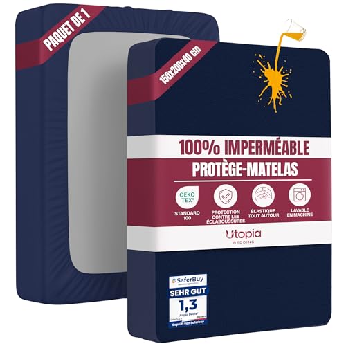 Protège Matelas 150 x 200 x 40 cm Imperméable, Certifié Oeko TEX, Alèse Drap Housse, Matelas Couvre, Respirant, Élastique Tout Autour Bleu Marine