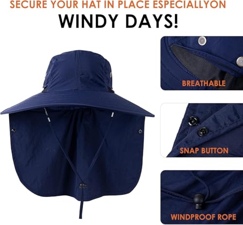 HEEHIPOO Mens Women Fishing Hat UPF 50+ Wide Brim Sun Hat with Face Cover & Neck Flap Navy