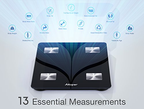 Bluetooth Body Fat Scale by Aikoper, USB Rechargeable Smart Digital Bathroom Weight Scale, with 13 Data iOS & Android App, Body Composition Analyzer for BMI, Body Fat%, Muscle Mass, Water, 396lbs