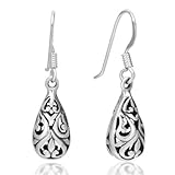 925 Oxidized Sterling Silver Bali Inspired Filigree Wide Puffed Teardrop Dangle Hook Earrings