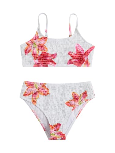 RoseSeek Girl's 2 Piece Floral High Waisted Swimsuit Smocked Bathing Suit at Amazon