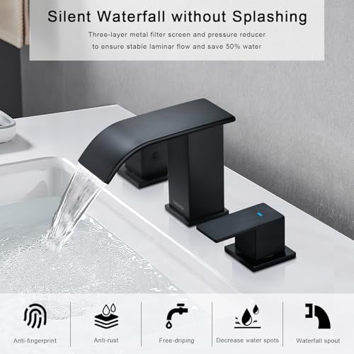 OMEKNTOP Matte Black Bathroom Faucet 3 Hole, 8 Inch Waterfall Black Bathroom Faucet with cUPC Hose, Two Handle Bathroom Sink Faucet for Basin Lavatory Vanity