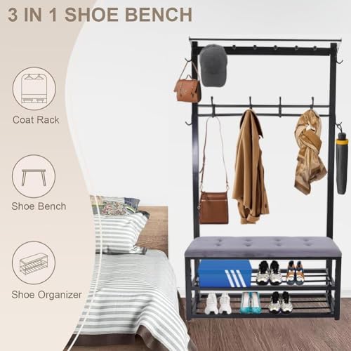 Hcosmy Shoe Rack, Shoes Bench Seat, Multifunctional shoe rack and coat rack, Industrial Coat Rack Stand with Bench, Free Standing Coat Tree, Entryway Storage Shelf, for Living Room,Hallway