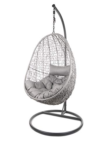 Kideo Komplettset: Hängesessel mit Gestell & Kissen,Korbsessel, Poly-Rattan (Gestell- und Korbfarbe: grau, Kissen: grau Chester-Stepp (8008_Cloud))