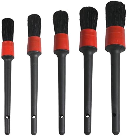 PROMMON Natural Boar Hair Detail Brush, Auto Detailing Brush Set Car Detailing Brushes for Cleaning Wheels,Dashboard, Interior, Exterior,Leather,Air Vents,Emblems For Car Cleaning Pack of 5Pcs