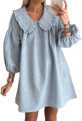blue babydoll dress with collar Women's Cute Babydoll Dresses Y2k Plaid Puff Sleeve Peter Pan Collar Loose Mini Dress (Blue, S) at Amazon Women's Clothing store