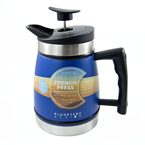 French Press Table Top Coffee and Tea Maker Carafe with Brü-Stop Technology - 32 oz - Stainless Steel with Grip Texture - Mountain Lake Blue