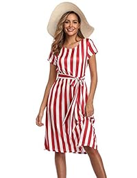 Besshopie - Vestido de verano para mujer, a rayas, manga corta, con bolsillos