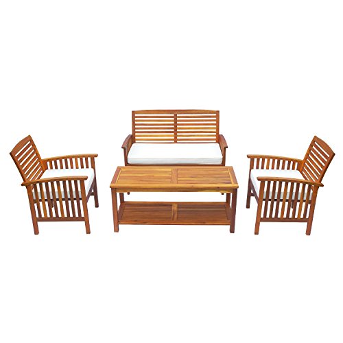 Outsunny 4 Piece Outdoor Acacia Wood Loveseat Coffee Table Lounger Conversation Set