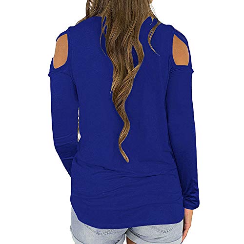 Dressin_Women's Long Sleeve Strappy Cold Shoulder Solid T-Shirt Tops Blouses