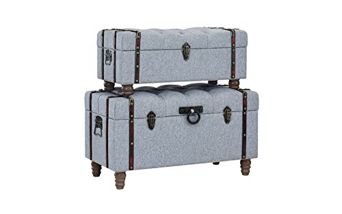 Sofamania 2-Piece Classic Tufted Linen Fabric Storage Chests/Accent Table/Bench (Grey)