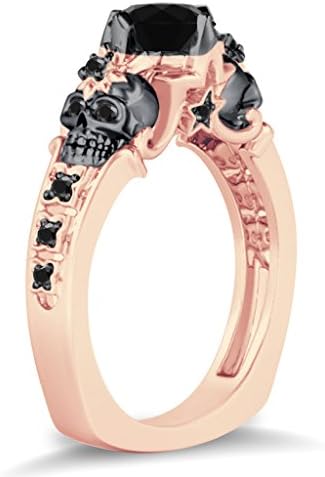 Silvercz Jewels Two Skull Floral & Star Design Round Cut Black CZ Diamonds Rose Gold PL Skull Ring