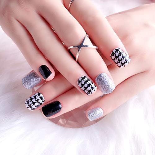 トレンド黒と白の偽の爪 24枚入 短いさネイルチップ ネイル