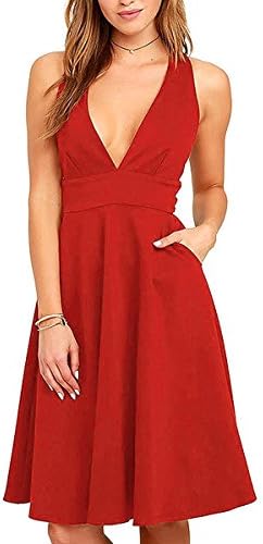 Fover Women's Deep V Neck Sleeveless Knee Length Party A-line Dress with Pockets, Red, Medium