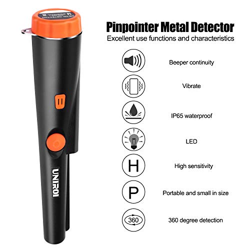 UNIROI UD002 Pinpointer Metal Detector 9V Battery, IP65 Water-Resistant Treasure Hunting Tool Buzzer Vibration LED Indicator