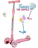 OUTON Kick Scooter for Kids 3 Wheel Lean to Steer Adjustable Height PU 4 LED Flasing Wheels Pink