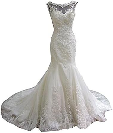 Jasminebridal Women's Sleeveless Real Picture Mermaid Wedding Dress Lace Bridal Gowns (16, Ivory)