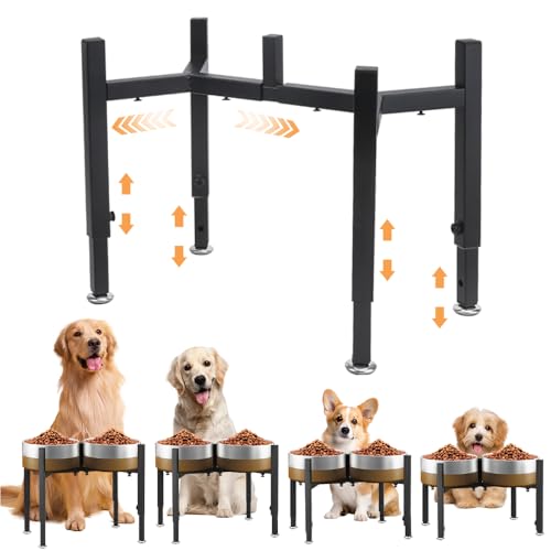 Elevated Dog Bowl Stand, Upgrade Metal Dog Feeder Stand, 4 Adjustable Heights 7-10.6" and Width 5-10", No Spill Raised Pet Double Bow Holder for Small, Medium Large Dogs Indoor Outdoor (Stand Only)