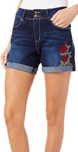 Royalty by YMI Womens Embroidered Rose Denim Shorts 4 Dark wash