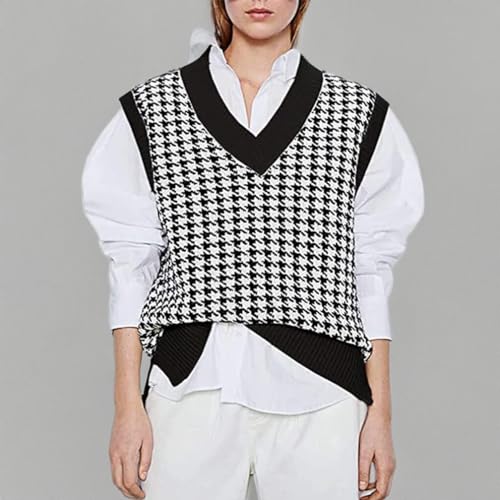 Women Houndstooth Pattern Knit Sweater