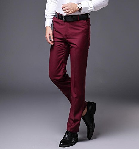 Men's Wrinkle-Free Stretch Pants Comfort Suit Pant Dress Trousers Burgundy 34Wx32L