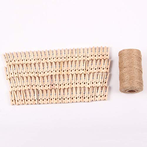 jiumoji Garden 100PC Wood Clothespin 3.5CM 100M Natural Craft Rope Jute Rope