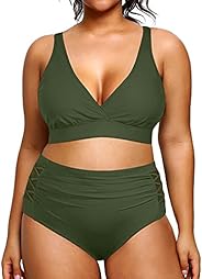 Yonique Womens Plus Size Bikini High Waisted Swimsuits Two Piece Bathing Suits Tummy Control Swimwear