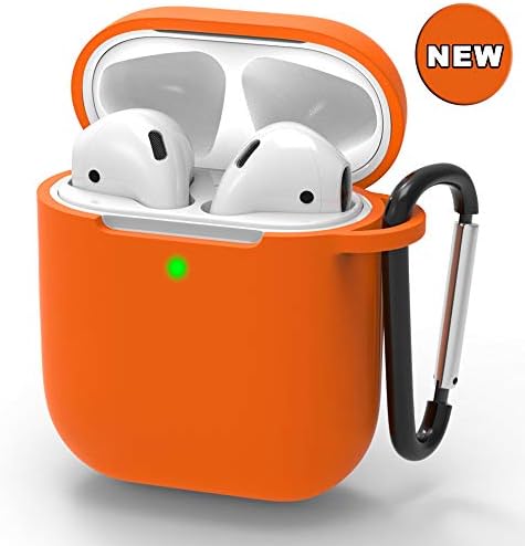 Airpods Case, (Front LED Visible) Upgrade Silicone Protective Shockproof Wireless Charging Airpods Earbuds Case Cover Skin with Keychain kit Set Compatible for Apple AirPods 1 & 2 2016-2019(Orange)