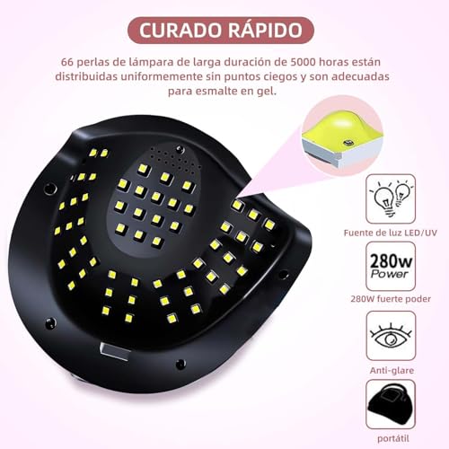 Lámpara de 280W UV/LED Lámpara para Uñas(con un par de guantes),Secador 66 Luces de Uñas,sensor de uña,con 4 Ajustes de Temporizador y Pantalla LCD de curado portátil