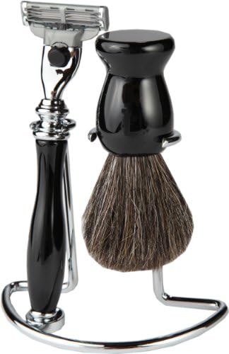 Mach 3 Full Shaving Set With Matching Black Handle And Badger Hair Brush With A Metal Shaving Stand