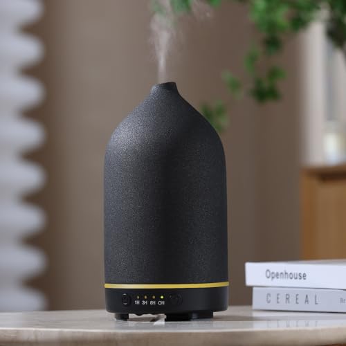 Gooamp Ceramic Aromatherapy Diffuser, Essential Oil Diffuser with 7 Color Lights Auto Shut Off for Home Office Room, Black (1/3/6/ON hrs Working time), TC-202-200ML