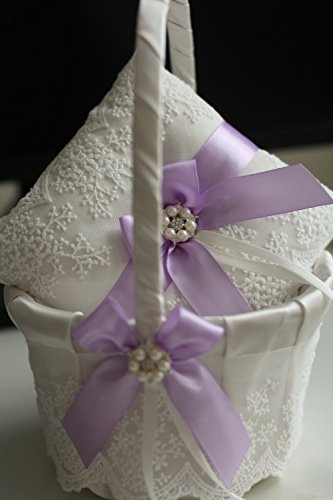 Alex Emotions | Lace Collection | Ivory Lilac Lavender Ring Bearer Pillow & Wedding Basket Set - Thumbnail 5