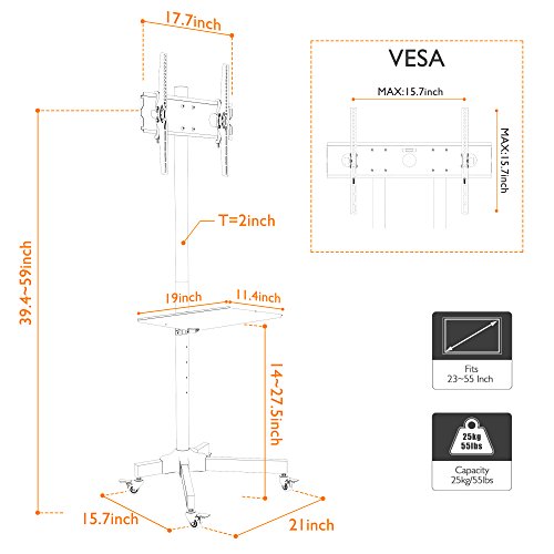 1homefurnit Mobile TV Cart Floor Stand Mount Home Display Trolley for 23"-55" Plasma/LCD/LED - Thumbnail 6