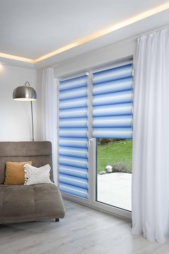 K-home® Madrid Klemmfix Double Roller Blind, No Drilling Required, Colour Gradient, Blue, W 45 x H 200 cm