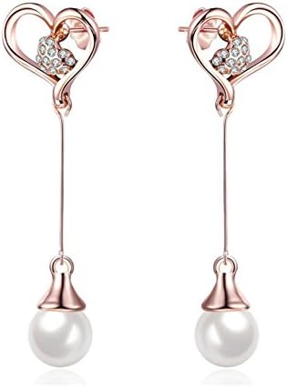 Rose gold Cat Eye Long Stud Dangle Earring with Crystal Heart For Women Girls