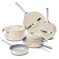 Caraway Deluxe Non-stick Ceramic Cookware Set (16 Piece) Pots, Frying Pans, Lids and Kitchen Storage - PFAS & PFOA Free - Oven Safe Pan Set & Compatible with All Stovetops - Cream