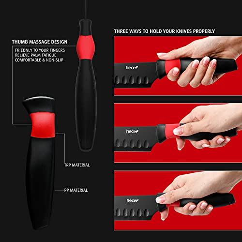 hecef 3 Pieces Kitchen Knife Set with 2 Cutting Boards & 3 Protective Sheaths, Non-Stick Black Knife Set with Sharpener Cover, Cutting Boards and Chef Knives for Kitchen, Dorm, Travel