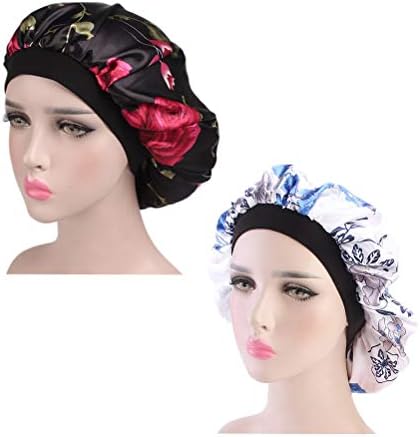 WarmGo 2pc/Pack Premium Satin Bonnets for Women, Flower Printed Sleep Cap Satin Bonnet, Wide Band Hair Bonnet, Soft and hypoallergenic-Best Gifts - Black + White