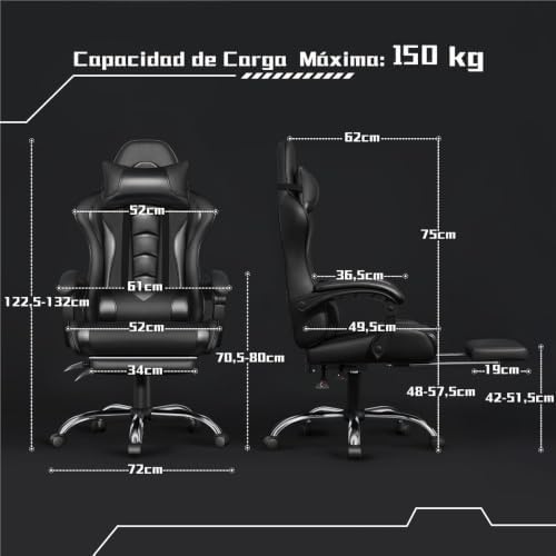 Silla Gaming con Masajeador Silla Oficina con Reposapiés Negro