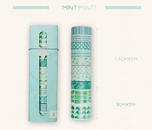 BCopter Washi Masking Tape Set, DIY Sticky Adhesive Paper, Colorful Decorative Arts Craft, Gift Wrap Scrapbook Bullet Journal Planner, value pack Hand Tear Writable (Gift Mint)