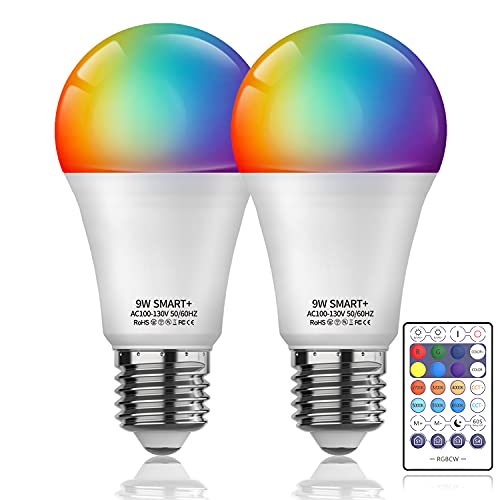 Alexa Smart Light Bulbs with Remote, 9W LED Bluetooth & WiFi Smart Bulb, Color Changing RGBCW Light Bulb A19 800Lumens Compatible with Alexa Echo, Google Home, Siri Shortcut, 2 Pack