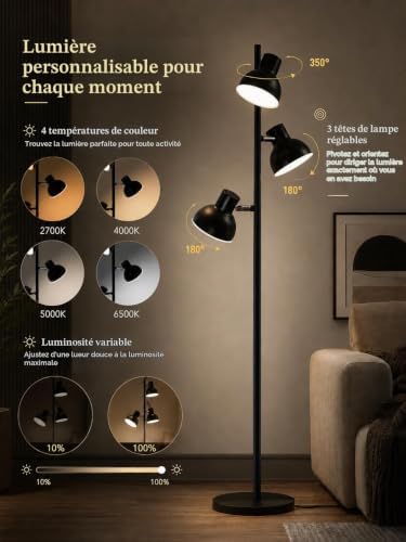 Lampadaire LED Salon 36W Dimmable, 3 Têtes Orientables, AVEN FL08
